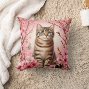 Coussin Tabby Chat Japonais Cerisier Fleur Kitten