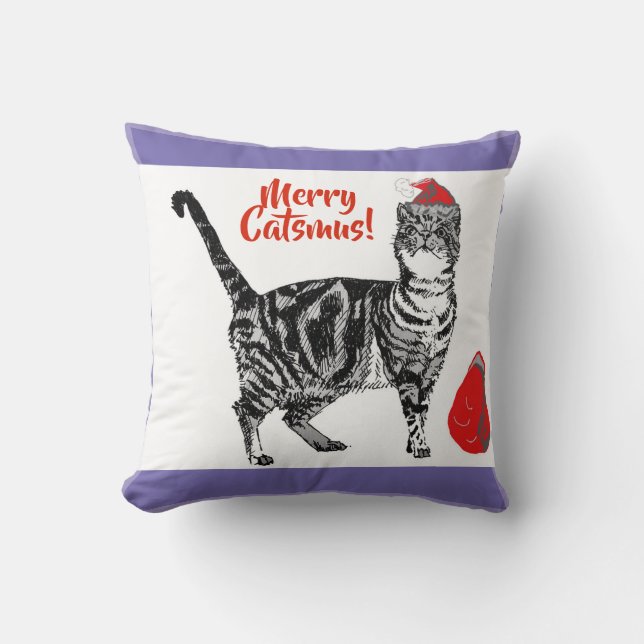 Coussin Tabby Chat Joyeux Noël Catsmus Rouge Funny Chats (Recto)