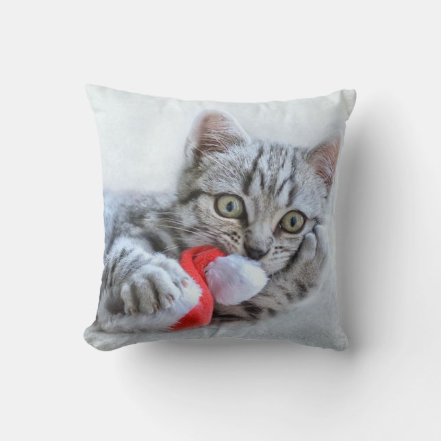 Coussin Tabby gris mou Chat avec Noël Casquette (Recto)