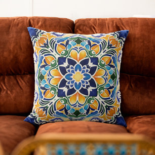 Coussin Talavera azulejo bleu tuile vintage Mexique motif