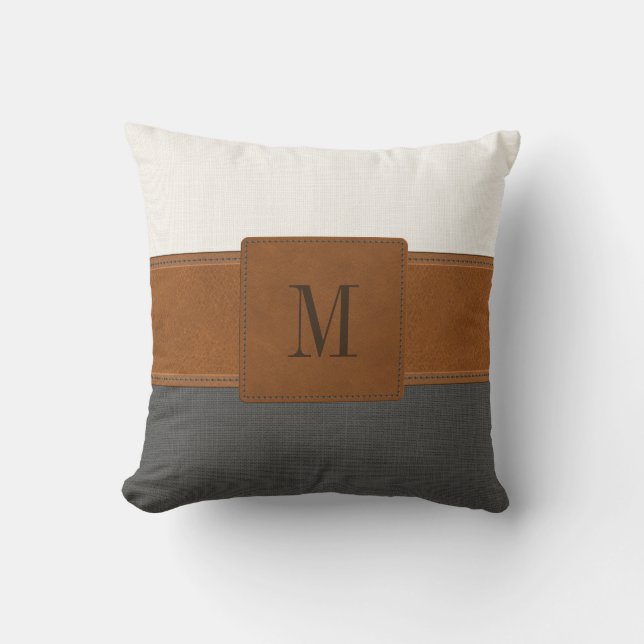 Coussin Tan Cuir Gris Blanc Linge Ferme Monogramme (Recto)