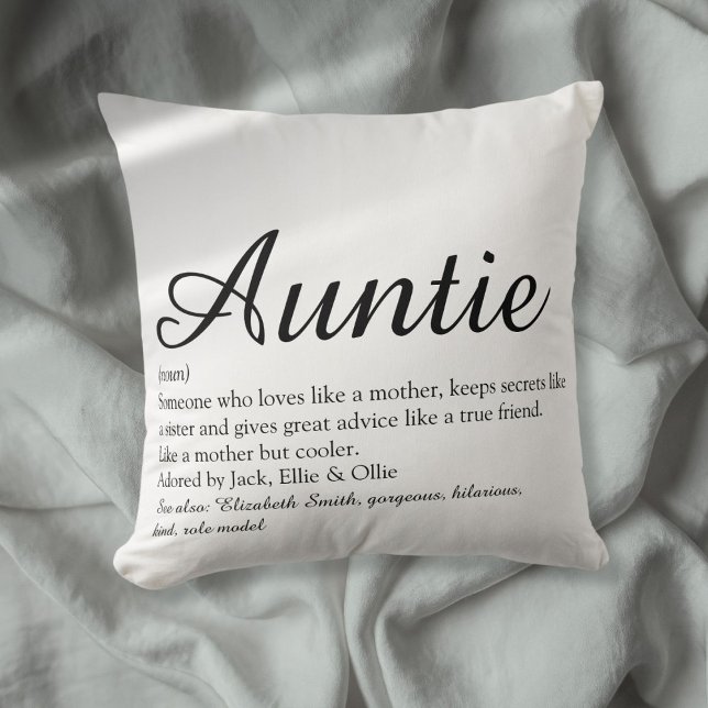 Coussin Tante Tantie Définition Chic en noir et blanc Scri (Aunt Auntie Definition Black and White Chic Script Throw Pillow)