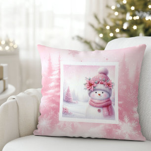 Coussin Tapisserie de neige rose festive Snowman Charme d'