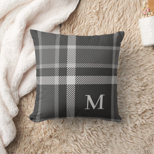 Coussin Tartan gris de charbon foncé plaqué avec Monogramm (Couverture)