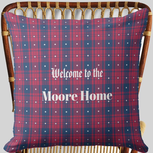 Coussin Tartan - Patriotique - Bleu Rouge Étoiles Blanches (Tartan - Patriotic - Red Blue White Stars Outdoor Pillow by Leapfroglisics Shop)