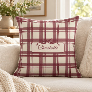 Coussin Tartan Plaid Bordeaux Crème Noeud Nom