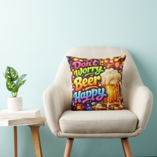 Coussin Tasse de bière avec citation néon arc-en-ciel