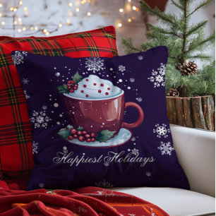 Coussin Tasse de chocolat chaud de Noël Violet