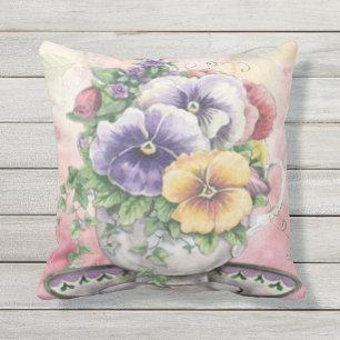 Coussin tasse de thé rose de pensée de fleur extérieure ou