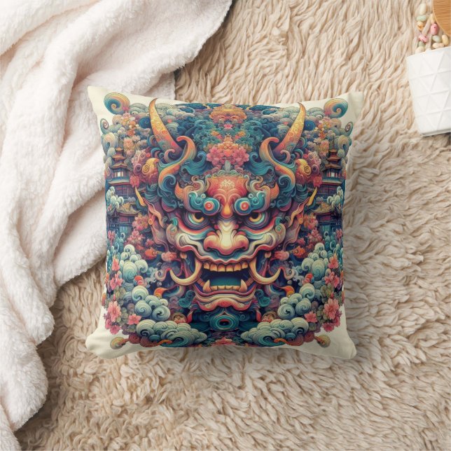 Coussin tatouage abstrait Oni démon symétrique oriental (Couverture)