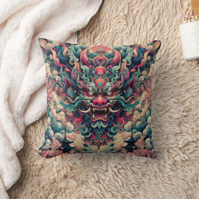 Coussin tatouage abstrait Oni démon symétrique oriental (Couverture)