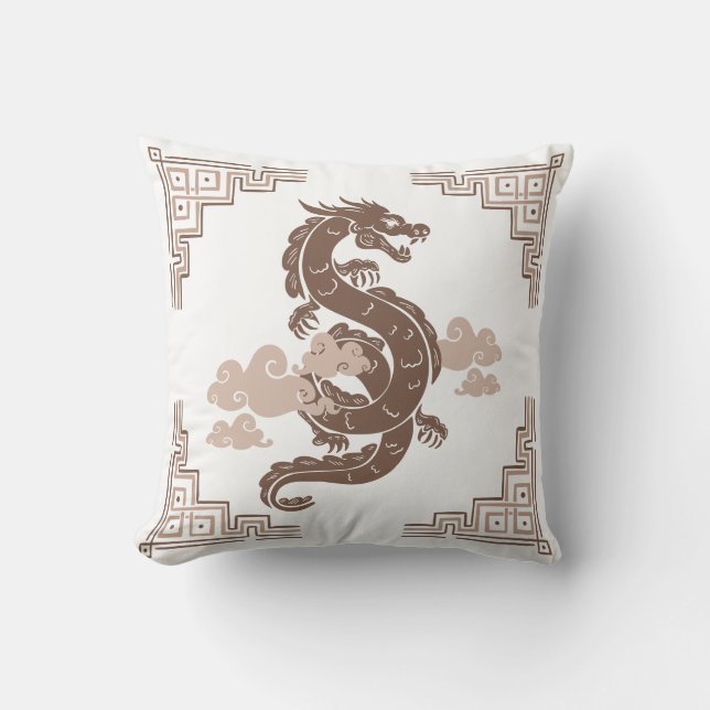 Coussin Taupe Brown Chinoiserie Dragon et Nuages (Recto)