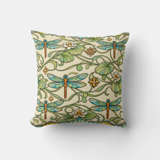 Coussin Teal Dragonfly Art Nouveau Botanical Illustration