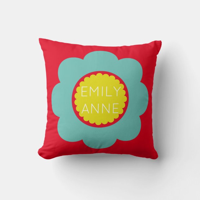 Coussin Teal léger et fleur jaune sur le rouge lumineux (Recto)