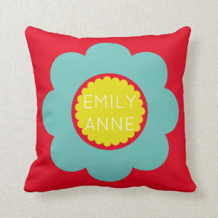 Coussin Teal léger et fleur jaune sur le rouge lumineux