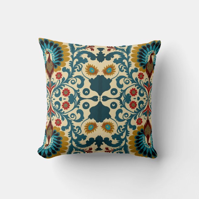 Coussin Teal, orange and yellow floral pattern  (Recto)