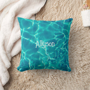 Coussin Teal Pool Water, White Name or Monogram, Vs 2