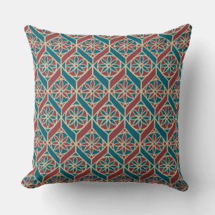 Coussin Teal, rouge foncé, motif floral ethnique beige