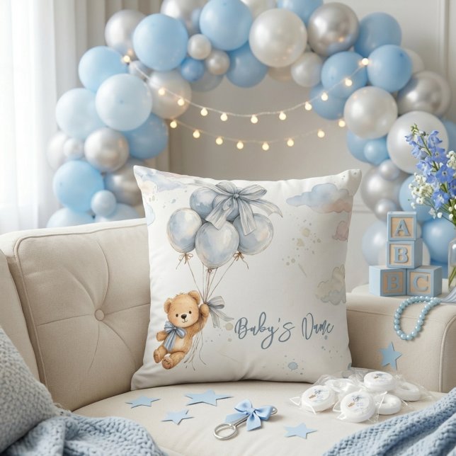 Coussin Teddy Bear Blue Bow Balloons Clouds Baby Boy (Créateur téléchargé)