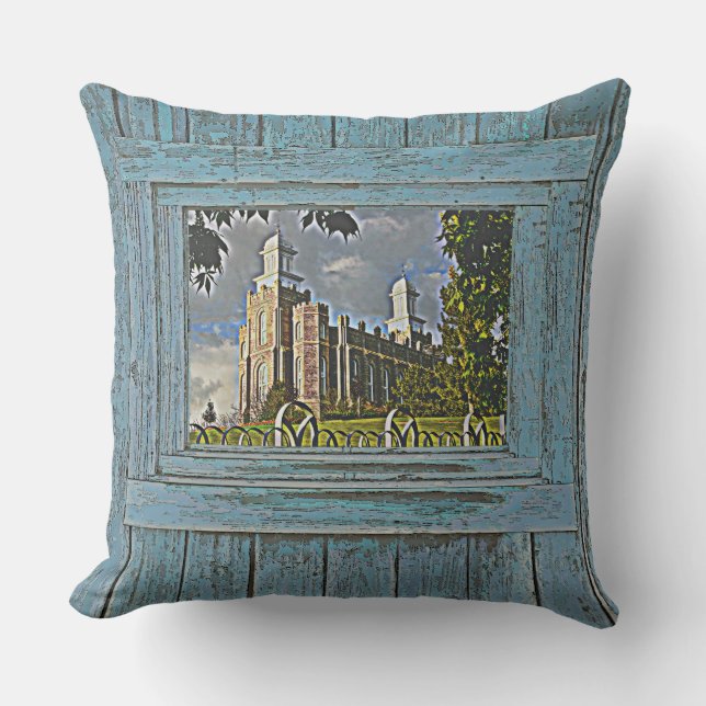 Coussin Temple de Logan, ton bleu, (Recto)