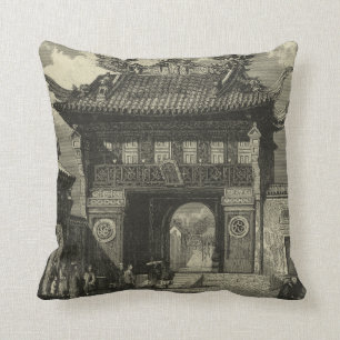 Coussin Temple impérial asiatique en noir et blanc