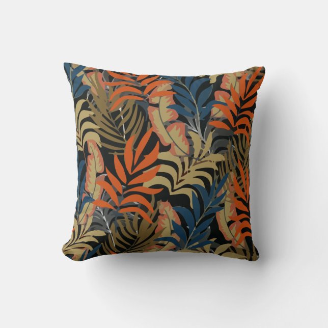 Coussin Tendance Motif Tropical Orange Bleu Plante Feuille (Recto)