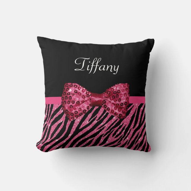 Coussin Tendance rose Zebra Print FAUX Glitz Bow avec nom (Recto)