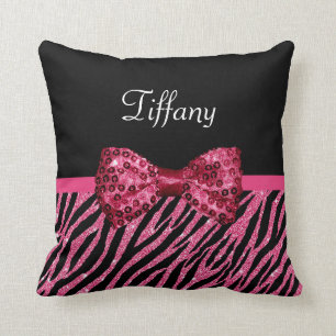 Coussin Tendance rose Zebra Print FAUX Glitz Bow avec nom