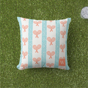 Coussin Tennis Rayure Clé Grecque - Corail & Turquoise