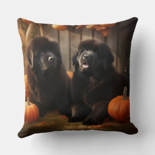 Coussin Terre-Neuve Chiot Automne Citrouille de plaisir