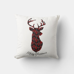 Coussin Tête de cerfs de Noël, à damiers, rouge et noir