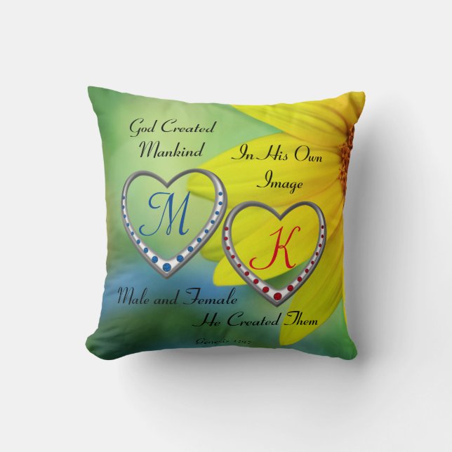 Coussin Texte de la Bible avec deux monogrammes de coeur (Recto)