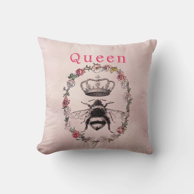 Coussin Texte personnalisé/ Rose Aquarelle de couronne or (Recto)