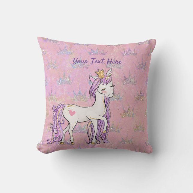 Coussin Texte Personnalisé/ Unicorne Blanche Violet Rose P (Recto)