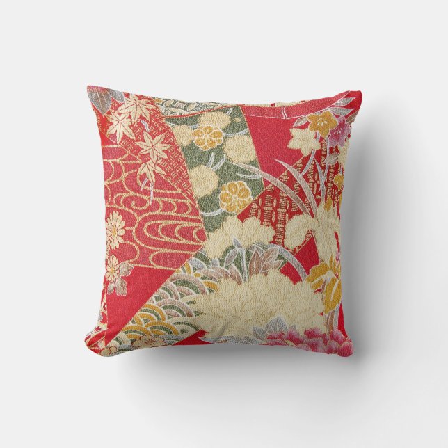 Coussin Textile japonais de KIMONO, motif floral (Recto)