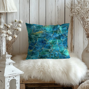 Coussin Texture de marbre bleu sarcelle avec veines dorées