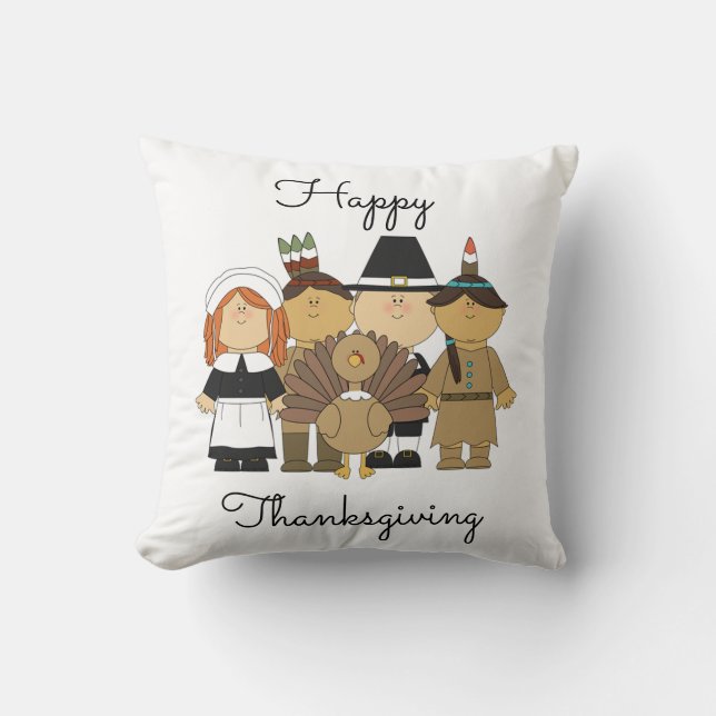 Coussin Thanksgiving Throw Pillow/Pilgriots and Indians (Recto)