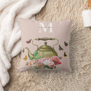 Coussin Théière Party Rose Floral & Papillons Monogramme