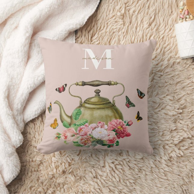 Coussin Théière Party Rose Floral & Papillons Monogramme (Couverture)