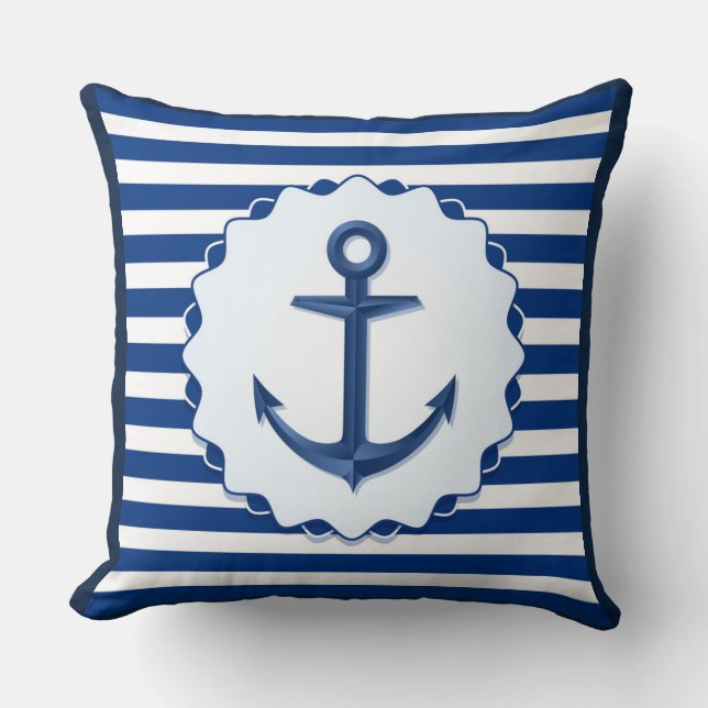 Coussin Thème nautique Bleu Blanc Ancre Bande marine (Recto)