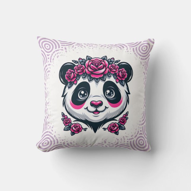 Coussin This smiling panda framed by pink roses blends exo (Recto)
