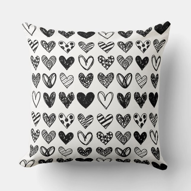 Coussin Throw Cushion - Coeurs noir et blanc (Recto)