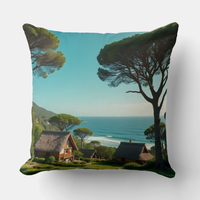 Coussin Throw Pillow Coastal Harmony: Homes, Trees & Endle (Recto)