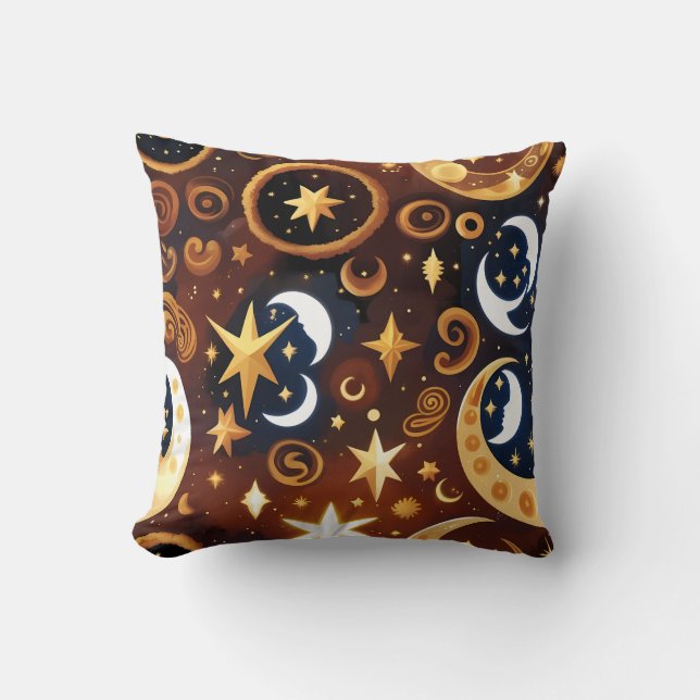 Coussin Throw Pillow – Golden Ochre Celestial Moon Pattern (Recto)