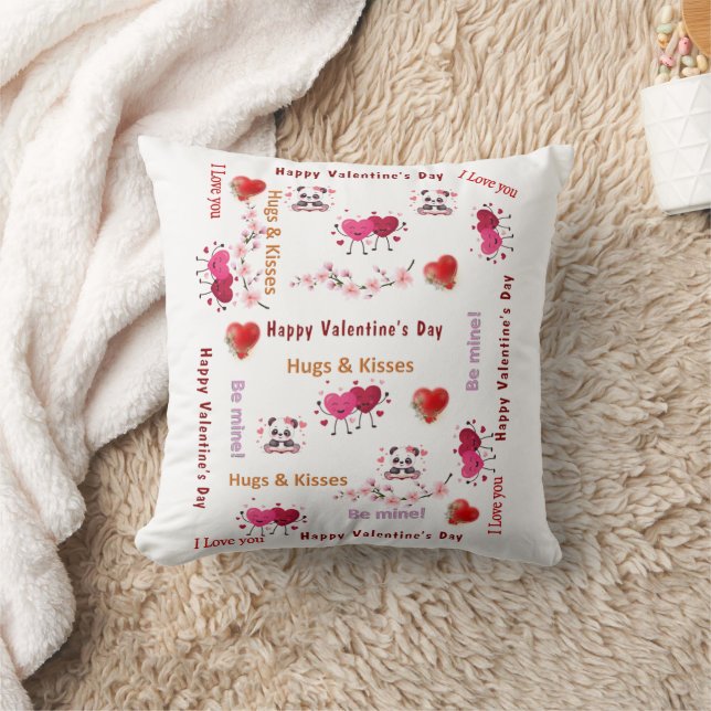 Coussin Throw Pillow Happy Valentine's Day Red Hearts (Couverture)