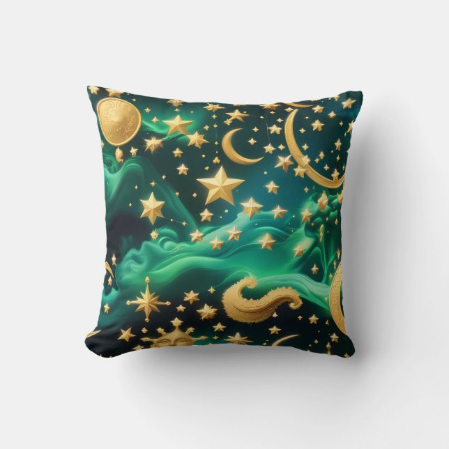 Coussin Throw Pillow – Luxury Emerald Celestial Moon (Recto)