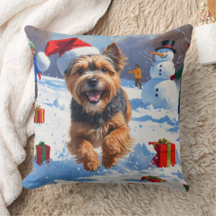 Coussin Tibetan Terrier courant dans la neige avec un chap