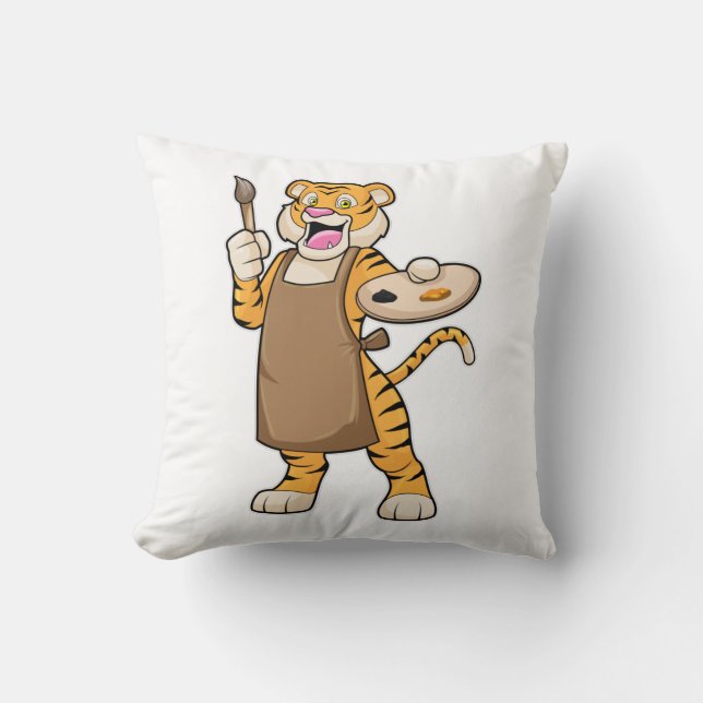 Coussin Tigre à la peinture avec peinture et pinceau (Recto)