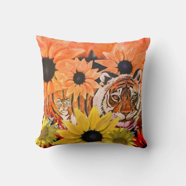 Coussin Tigre, Cub, Fleurs et couleurs orange (Recto)