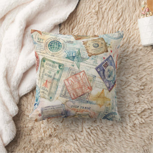 Coussin Timbre de passeport rustique motif voyage (7)
